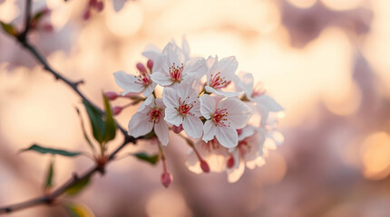 Obraz premium Sakura Delicate Spring Bloom in Warm Sunset Light background