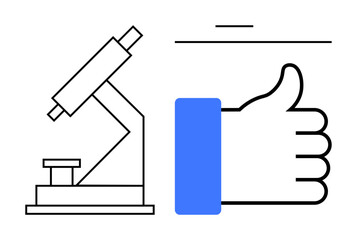 Science concept. Microscope and thumbs-up icon research, approval, and analysis. Science helps innovation, education, technology, medicine, and quality assurance