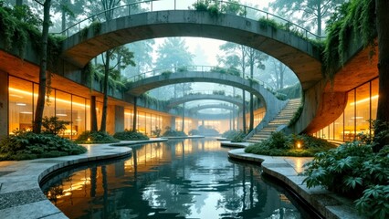 Waterfront glass bridge building outdoor dreamlike picture