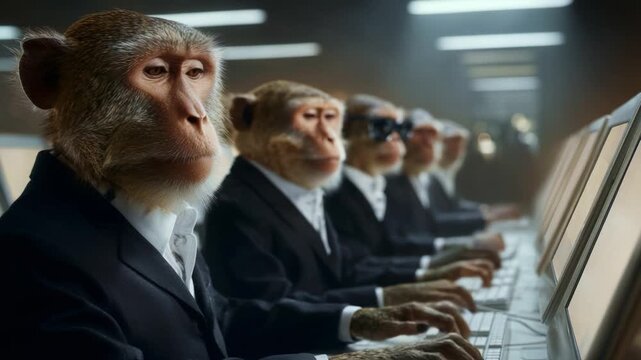 A Unique Team of Monkeys in Business Attire Engaged in Digital Work at Computers, Portraying a Playful Yet Innovative Take on Workplace Dynamics and Technology Interactions