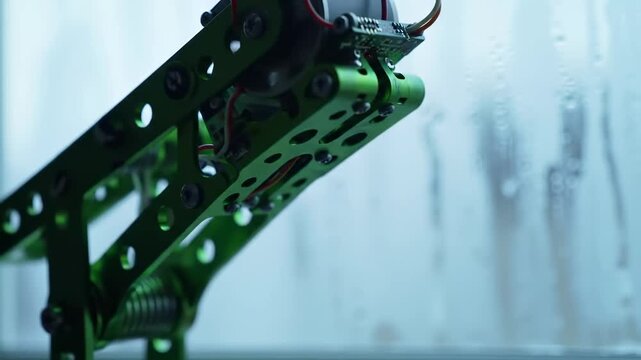 Close-Up of a Green Meccano-like Robot Arm Against a Frosted Glass Background Displaying Technological Innovation