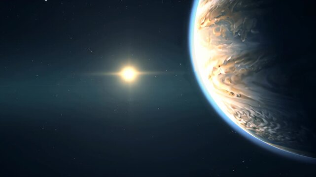 A distant planet in space with a bright sun or star illuminating its surface, with nebulae and stars in the background