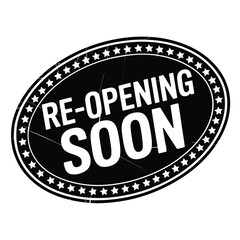 Oval black and white re opening soon sign with star border