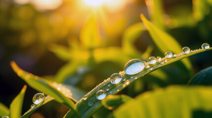 Radiant Morning Dew Drops on Green Grass Bathed in Golden Sunlight  Natural Freshness Serene Outdoor Closeup background