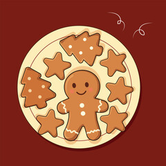 Cute Christmas Gingerbread Cookies on Festive Plate – Holiday Vector Illustration