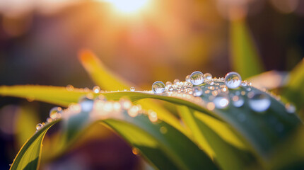 Reflective Dewdrops on Lush Green Leaves  Vibrant Morning Macro Photography  Golden Sunlight Sparkle background