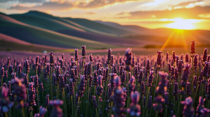Sunset Lavender Field Purple Bloom Hills background