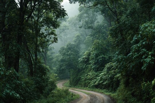 High quality photo of winding dirt road through a dense, misty, and lush green forest