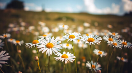 Sunlit Daisy Field Meadow Vibrant White  Yellow Wildflowers Blooming Natures Fresh Springtime Blossoms Outdoors background