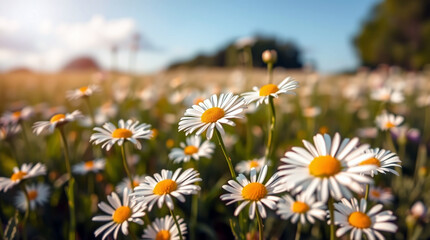 Serene Daisy Field in Golden Sunlight Vibrant Chamomile Blossoms Bloom in Lush Spring Meadow Landscape Natures Beauty Outdoors background