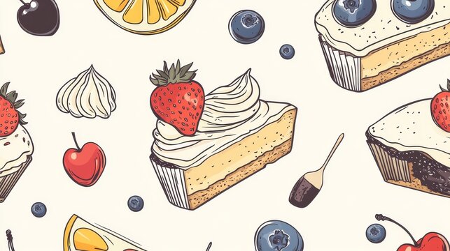 Seamless pattern, bakery goods, cakes, cupcakes, pie slices, fruit decorations, strawberries, blueberries, cherries, minimalist one line design, vector art, repeating background, banner, poster,
