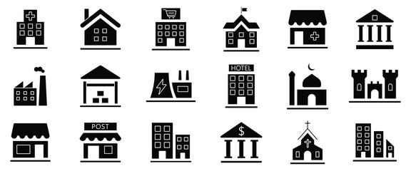 Building flat solid black icon set. Flat vector icon set of residential buildings including house, apartment, mosque, villa, mansion, museum, school, hospital and more icons. Vector illustration.