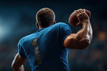 Football player with 1 jersey back view holding a football