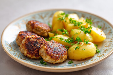 Fototapeta premium Traditional Danish frikadeller served with tender potatoes, showcasing comforting Nordic flavors in a warm, rustic presentation.