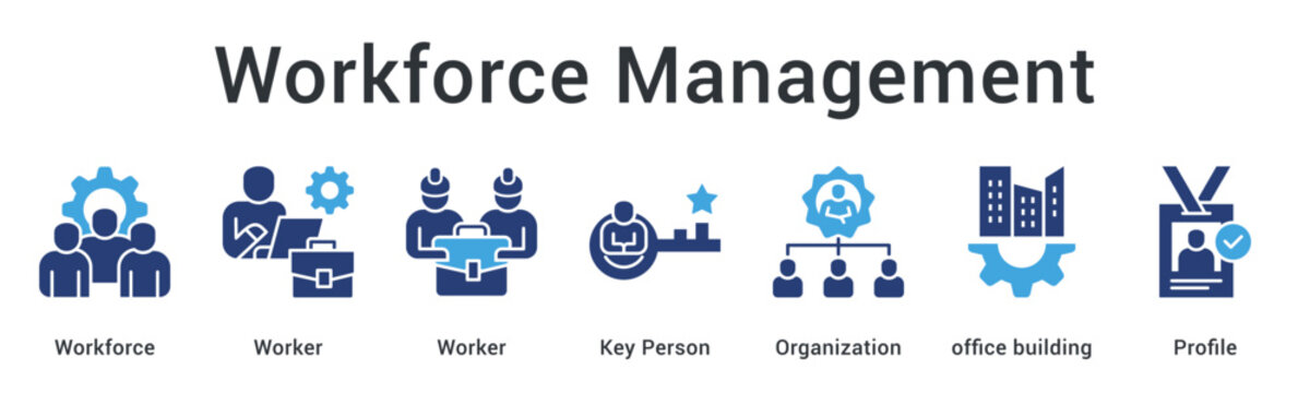 Workforce management organizes workers and key persons within office structures maintaining detailed profiles systematically.