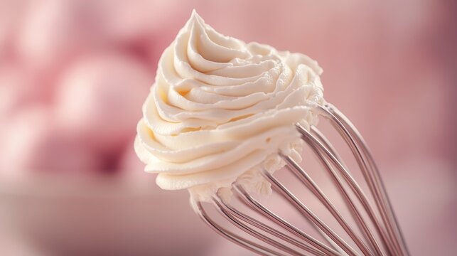 Vintage whisk, whipped cream peaks, rose pink, close up, room for text, gentle lighting, smooth, professional food photography