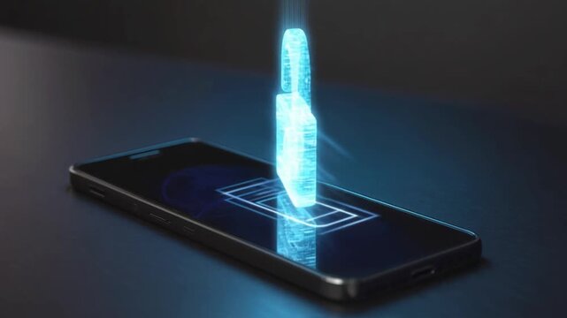 Mobile phone with a padlock hologram. Cybersecurity.