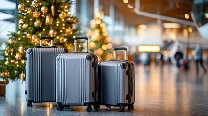 Three gray wheeled suitcases in the airport hall, with blurred Christmas trees and passengers in the background, symbolizing holiday travel for New Year's Eve and Christmas.