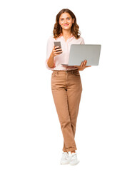 Confident young professional multitasking with laptop and smartphone, smiling brightly and ready to connect, perfect for modern business, remote work, and digital lifestyle concepts