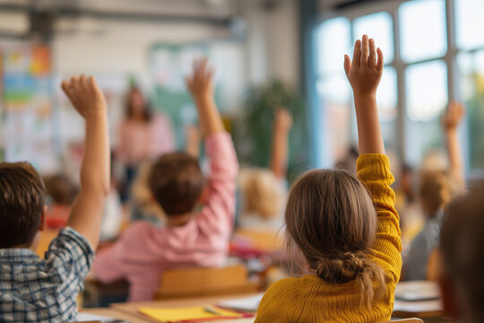 Engaged group of schoolchildren raising their hands during a lesson, showing participation, curiosity, and active learning in a bright modern classroom.