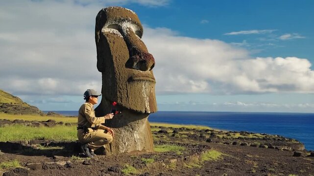 Archaeologist examining a Moai on Easter Island.