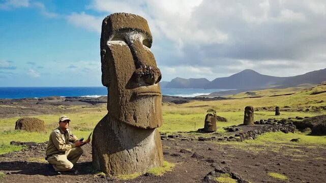 Archaeologist examining a Moai on Easter Island.