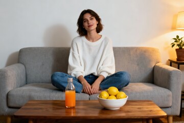 Weight loss fitness nutrition diet. Cozy indoor scene featuring a woman sitting on a couch with a bowl of lemons and a drink.