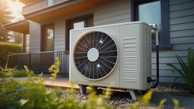 Heat pump system installed near modern house, green plants, gravel ground and sunlight. Energy-efficient air conditioning unit outside the residential building.