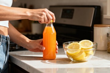 Weight loss fitness nutrition diet. A person opening a bottle of orange juice next to a bowl of lemons on a kitchen counter.