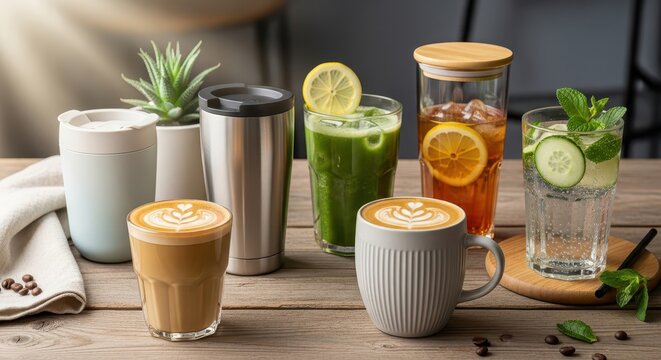 Assortment of hot and cold beverages displayed with reusable travel mugs and drinkware on a rustic wooden surface