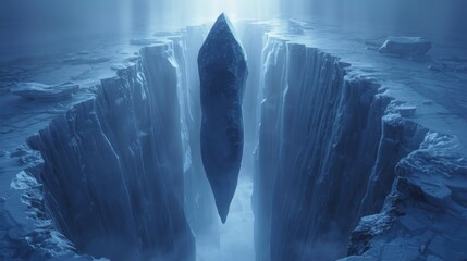 An enigmatic, levitating crystalline monolith suspended within a colossal, barren chasm illuminated by a single ray of light