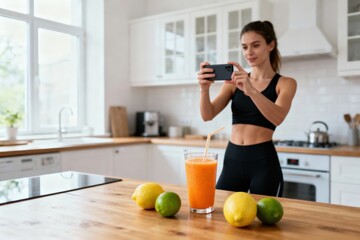 Weight loss fitness nutrition diet. A woman takes a photo of a fresh juice drink in a bright kitchen.