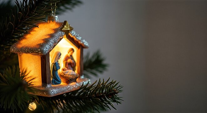 Illuminated nativity house ornament on Christmas tree branch, tiny figures of Mary, Joseph and baby Jesus glowing with warm spiritual light.