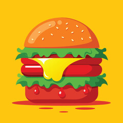 A colorful cartoon illustration of a delicious hamburger with melted cheese, lettuce, and tomato on a yellow background