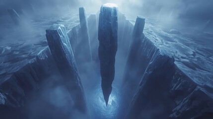 An otherworldly scene of a towering shard emerging from a deep, ethereal blue crevasse in a frozen landscape