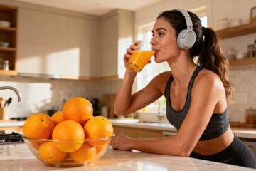 Weight loss fitness nutrition diet. A woman enjoys orange juice while wearing headphones in a bright kitchen.