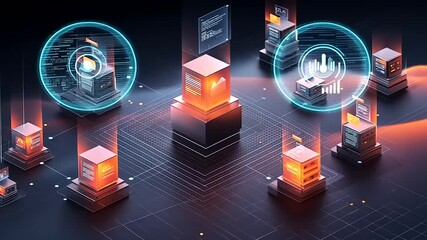 Futuristic digital data storage and analysis environment with holographic interfaces and glowing elements - Powered by Adobe