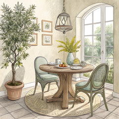 Sunny dining area with wooden table, olive tree, garden view