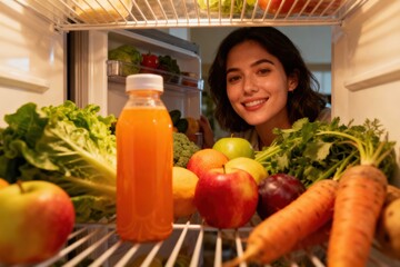 Weight loss fitness nutrition diet. Smiling woman looking at fresh produce in a refrigerator filled with fruits and vegetables.