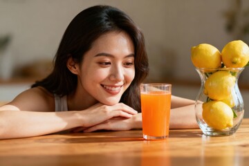 Weight loss fitness nutrition diet. A woman enjoys a refreshing glass of orange juice beside a vase of lemons.