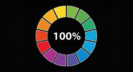 Colorful 100 Percent Completion Wheel on Black Background.