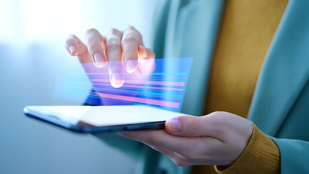 Woman interacting with holographic interface on a tablet future technology concept