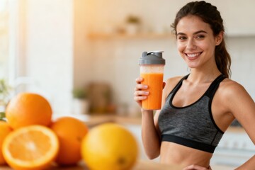 Weight loss fitness nutrition diet. Smiling woman holding a smoothie with oranges in a bright kitchen setting.