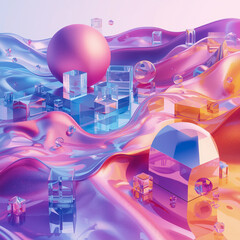 Vibrant Abstract Liquid Waves With Colorful Crystal Shapes and Floating Spheres