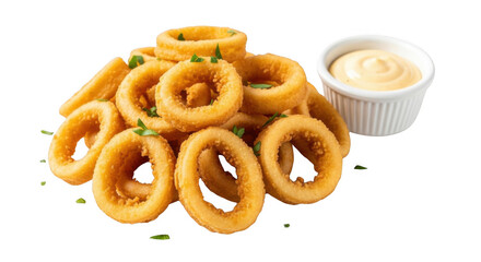 Fototapeta premium Delicious Fried Calamari Rings with Dip PNG A Crispy Appetizer Delight