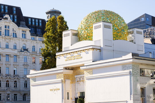 Vienna, Austria, October 16, 2025 - The art nouveau facade of the 1898 Secession Building&nbsp;with the motto above the entrance of the pavilion: "To every age its art, to every art its freedom"