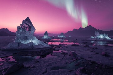 A mystical winter landscape where glowing ice formations rise from a frozen lake under a magical purple sky with the aurora borealis
