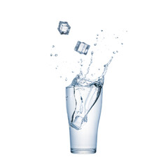 Ice cube falling with splashes and drops into glass water isolated on white background with copy space.