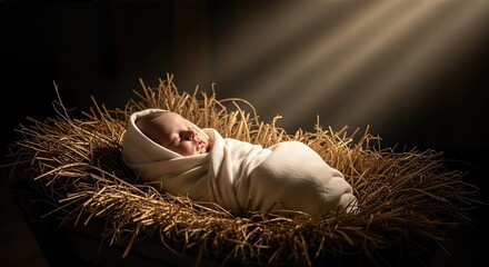 The sleeping infant Jesus, wrapped in white cloth and lying in a wooden manger filled with hay, is illuminated by a single, powerful beam of light, emphasizing the sanctity of the Christmas night