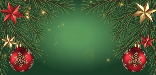 Christmas background with fir tree branches, stars and red baubles decorations